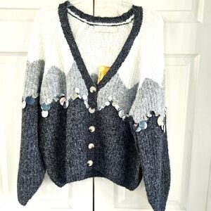 New L/C Lizette Collection Fuzzy Cardigan V-Neck Metallic Silver Discs XL GRAY